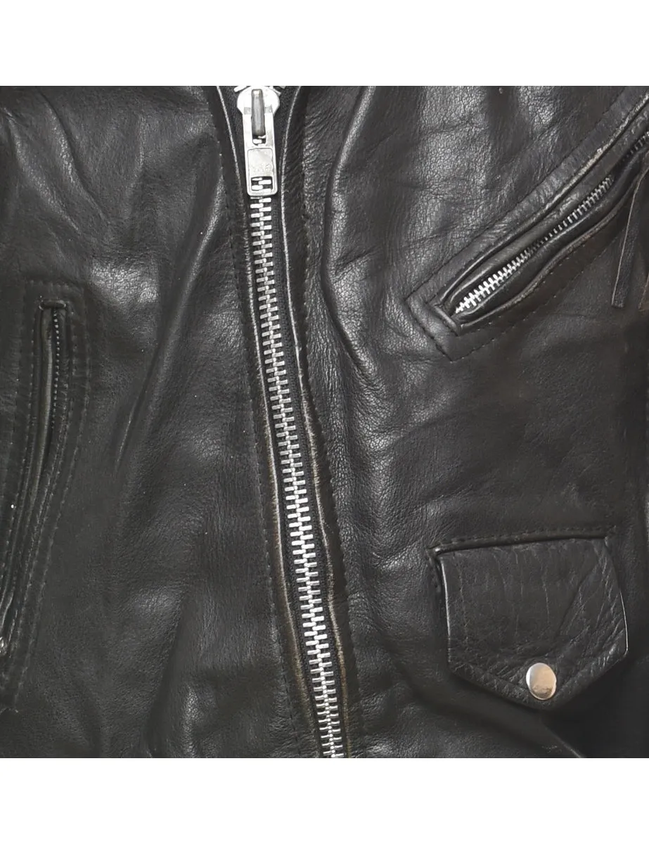 Biker Style Classic Black & Silver Leather Jacket - M