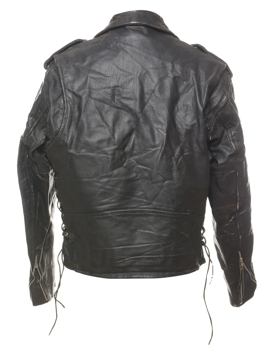 Biker Style Classic Black & Silver Leather Jacket - M