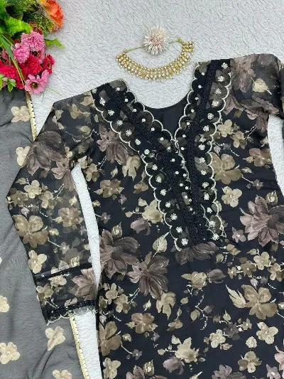 Black Tibby Silk Digital Print Straight Suit Set