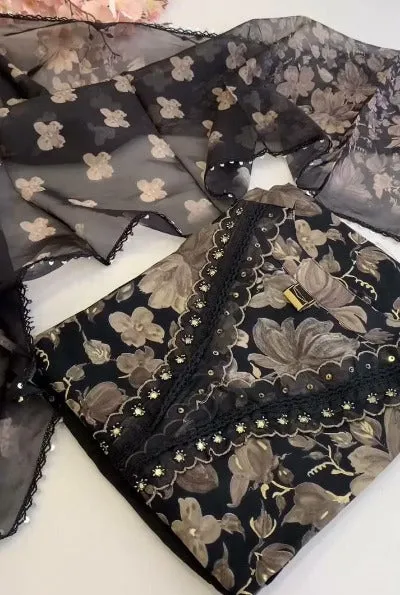 Black Tibby Silk Digital Print Straight Suit Set