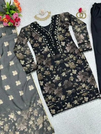 Black Tibby Silk Digital Print Straight Suit Set