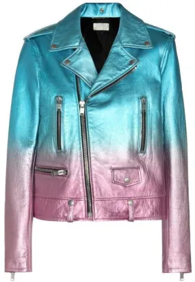 Gradient Metallic Ombre Leather Biker Jacket in Blue & Pink