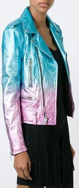 Gradient Metallic Ombre Leather Biker Jacket in Blue & Pink