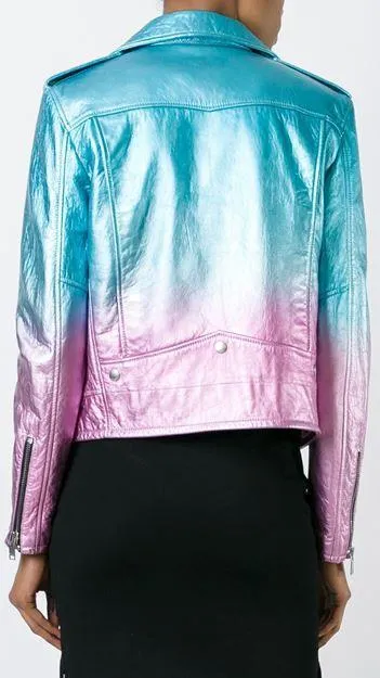 Gradient Metallic Ombre Leather Biker Jacket in Blue & Pink