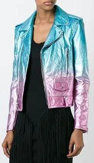 Gradient Metallic Ombre Leather Biker Jacket in Blue & Pink