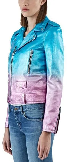 Gradient Metallic Ombre Leather Biker Jacket in Blue & Pink