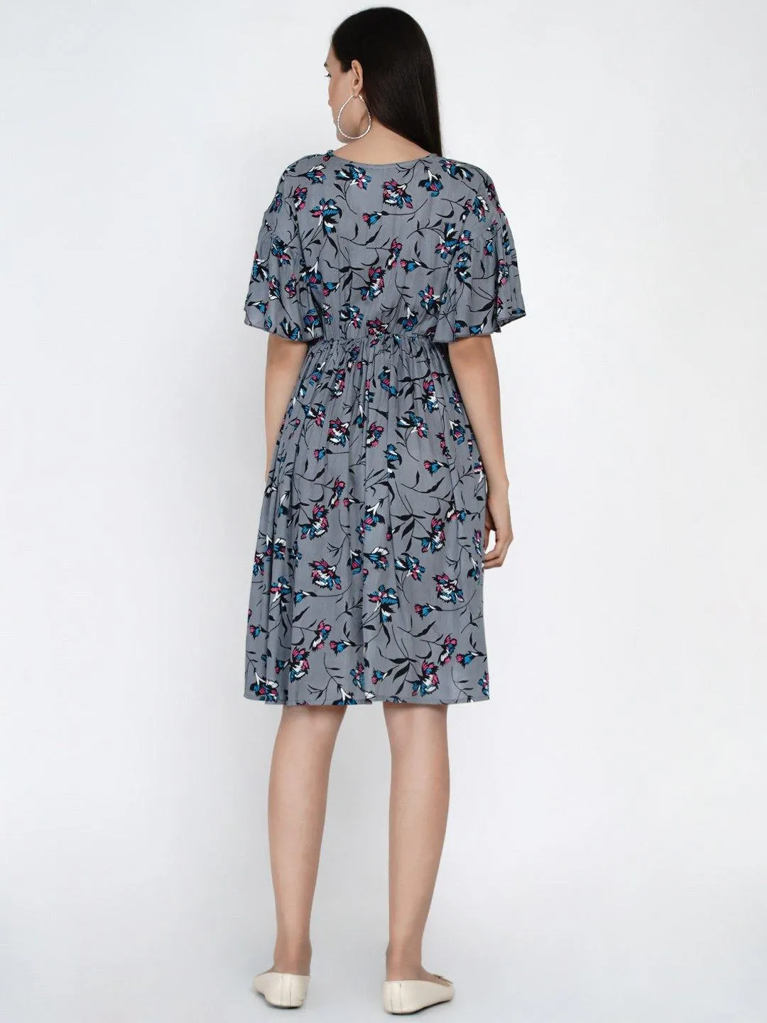 Grey Floral Fit and Flare Midi Rayon Maternity & Nursing Dress