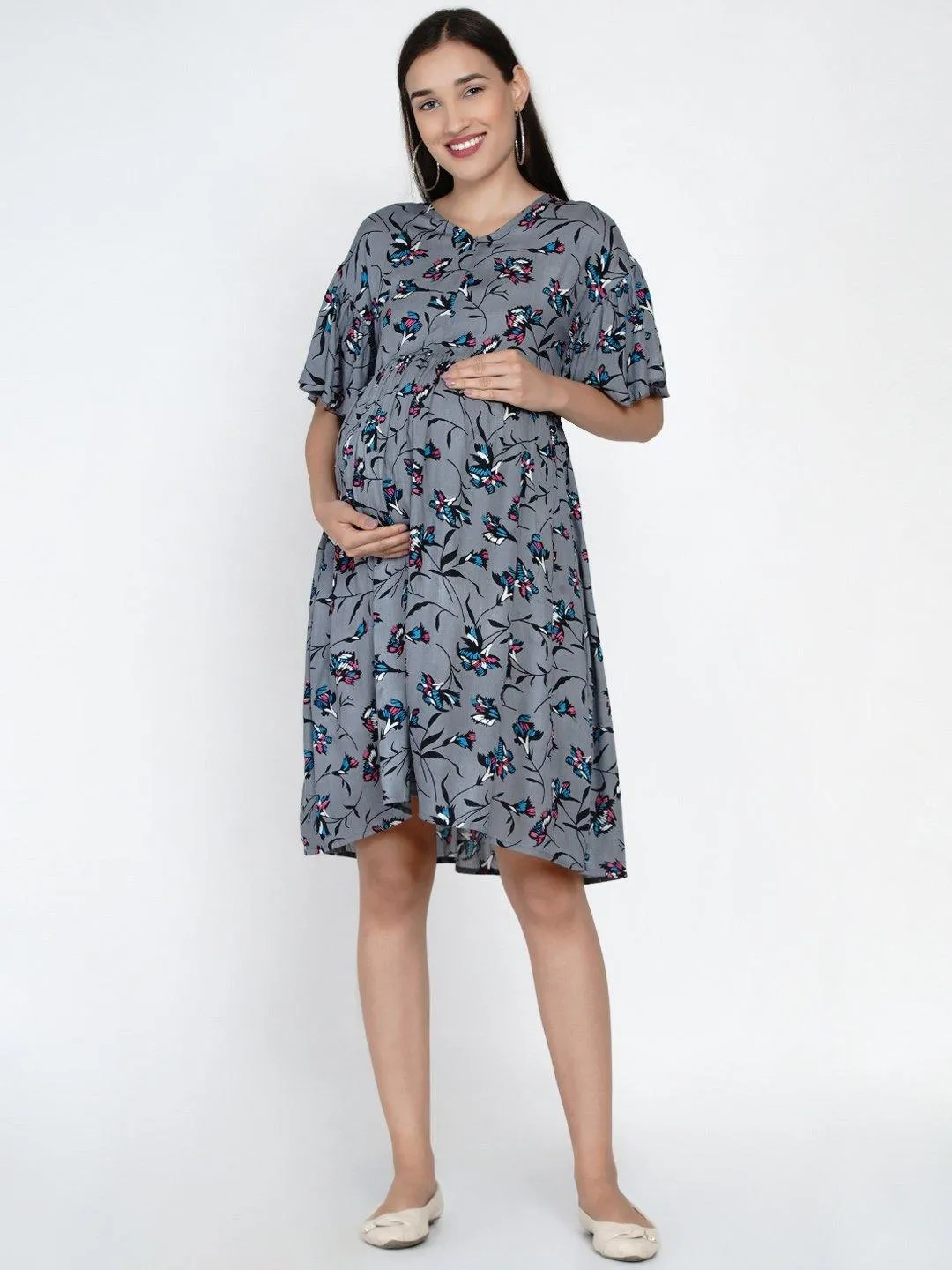 Grey Floral Fit and Flare Midi Rayon Maternity & Nursing Dress