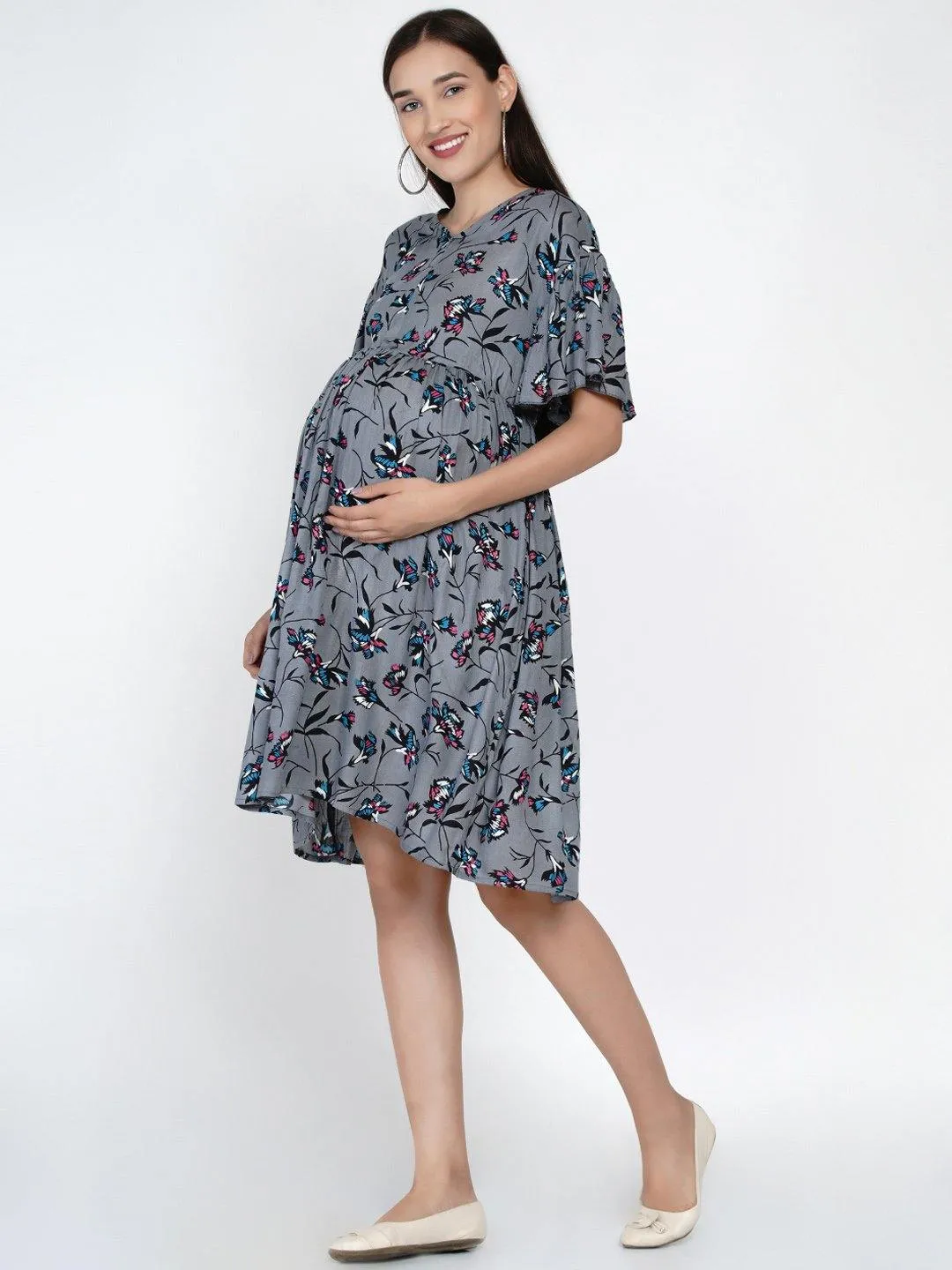 Grey Floral Fit and Flare Midi Rayon Maternity & Nursing Dress