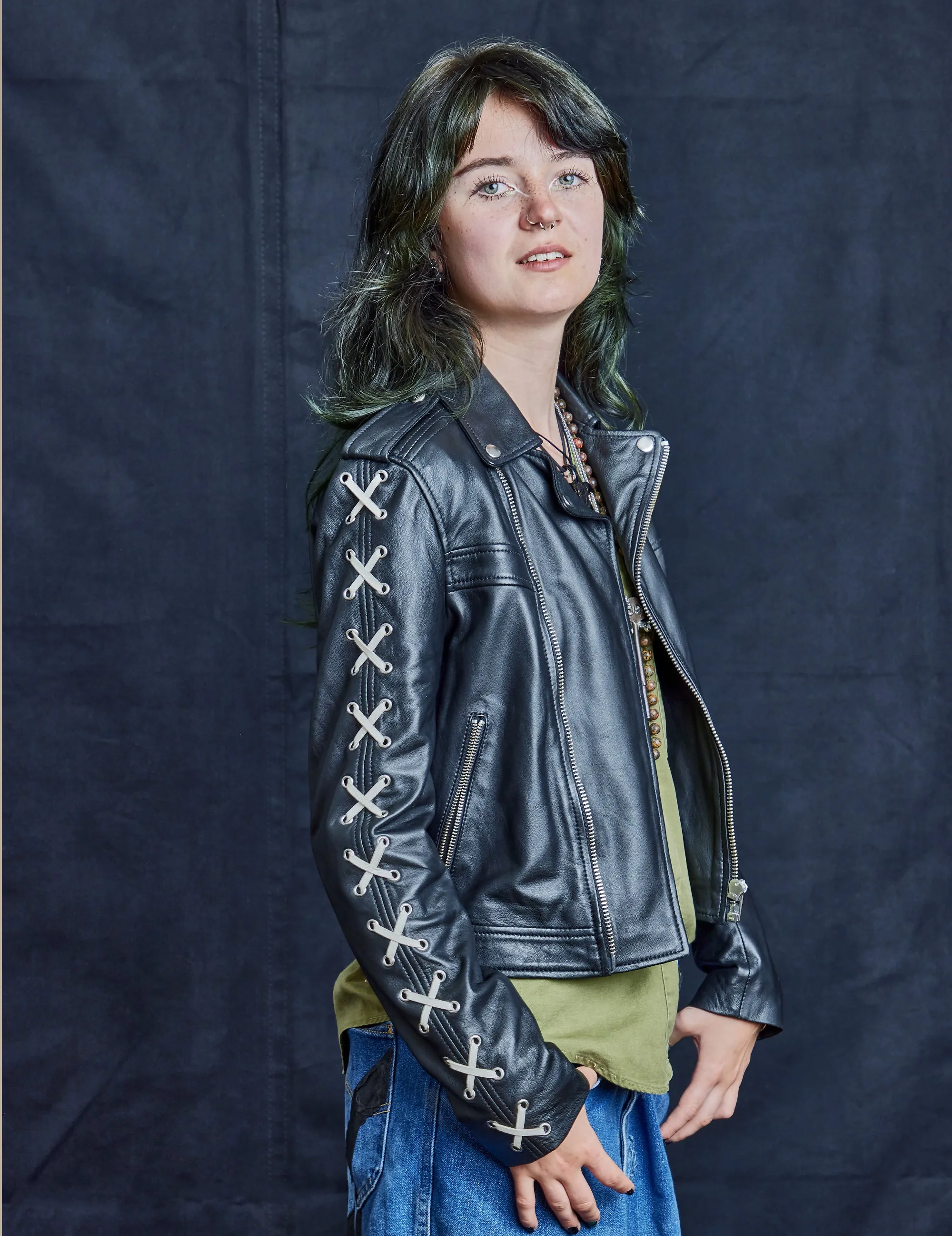 Laced Sleeve Biker Jacket in Black