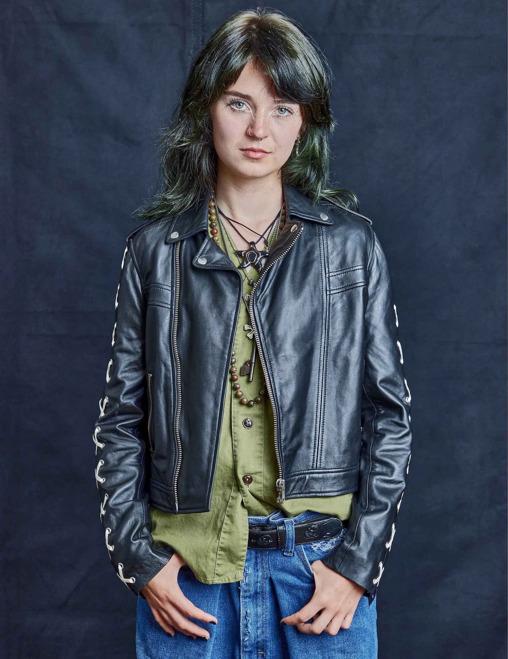 Laced Sleeve Biker Jacket in Black