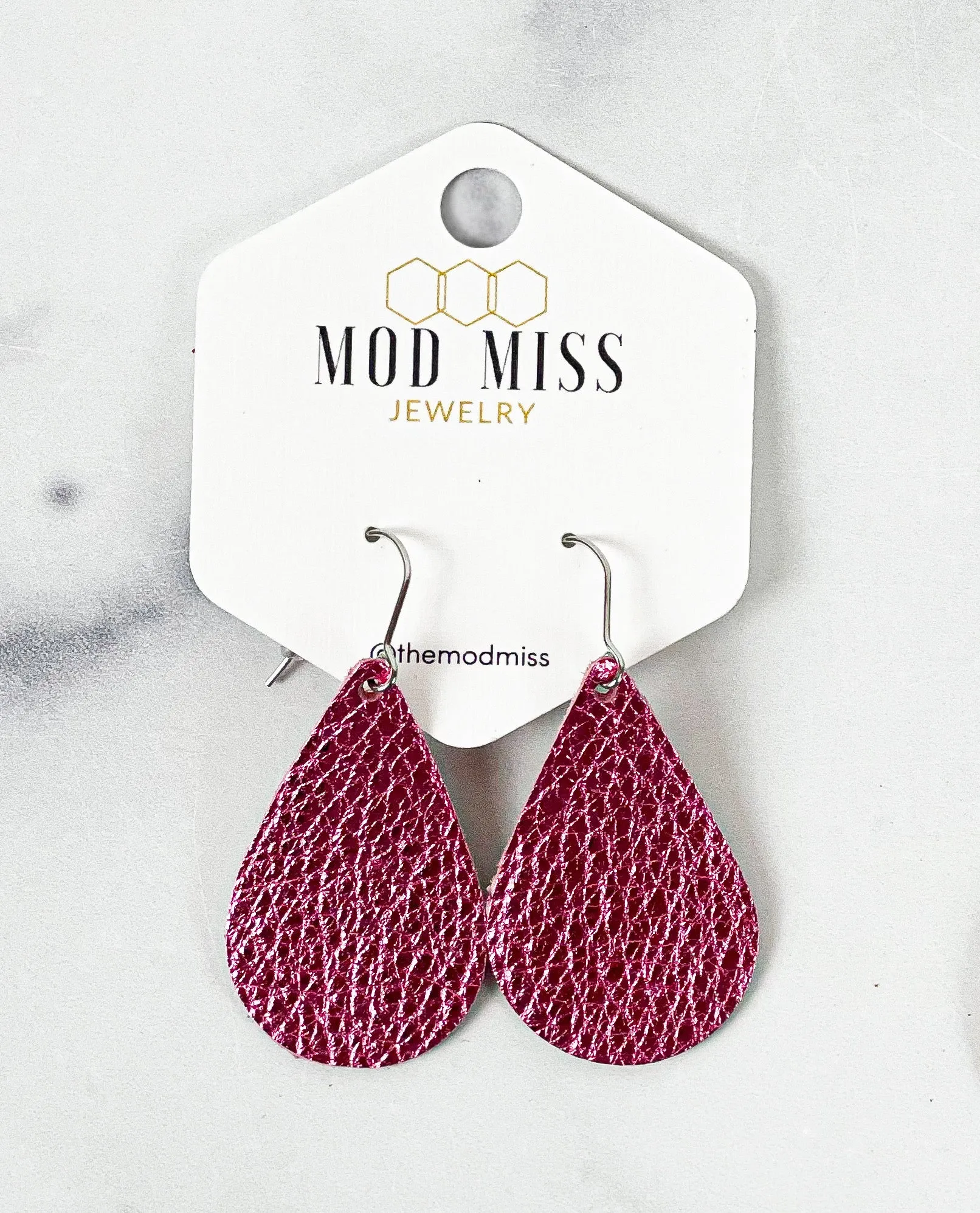 Leather Teardrop Earring Metallic Hot Pink