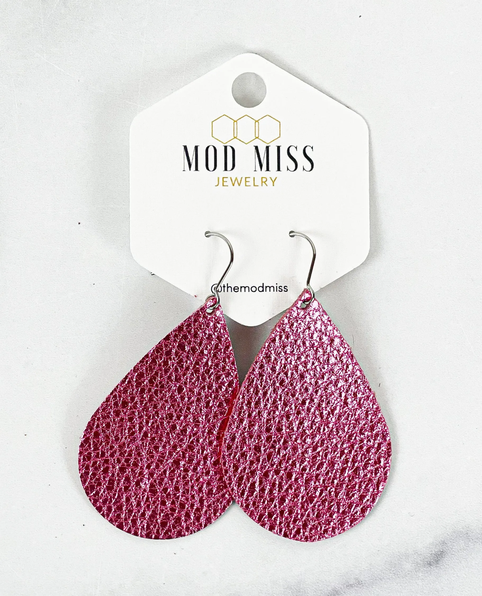 Leather Teardrop Earring Metallic Hot Pink