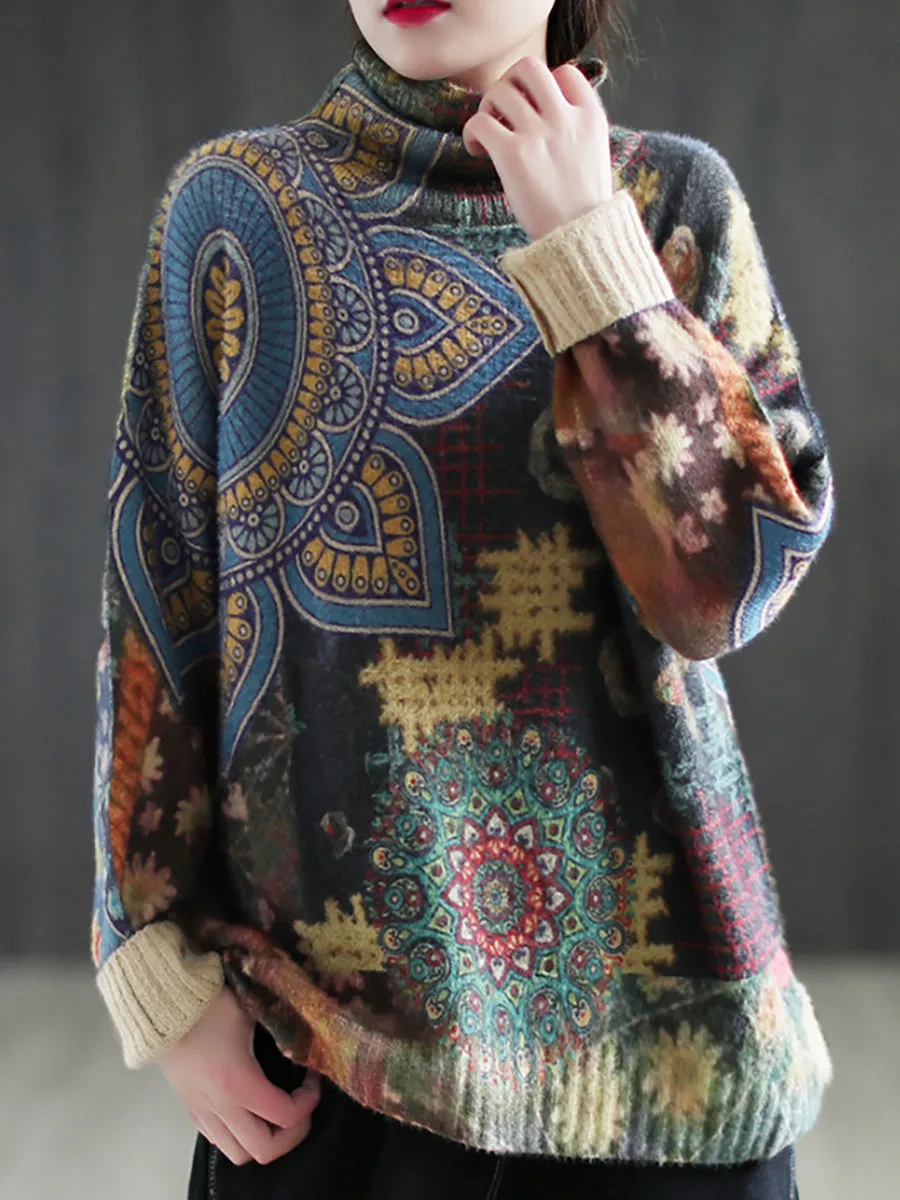 Here is an optimized title for the product:

Cozy Vintage-Inspired Ethnic Print Womens Pullover Sweater