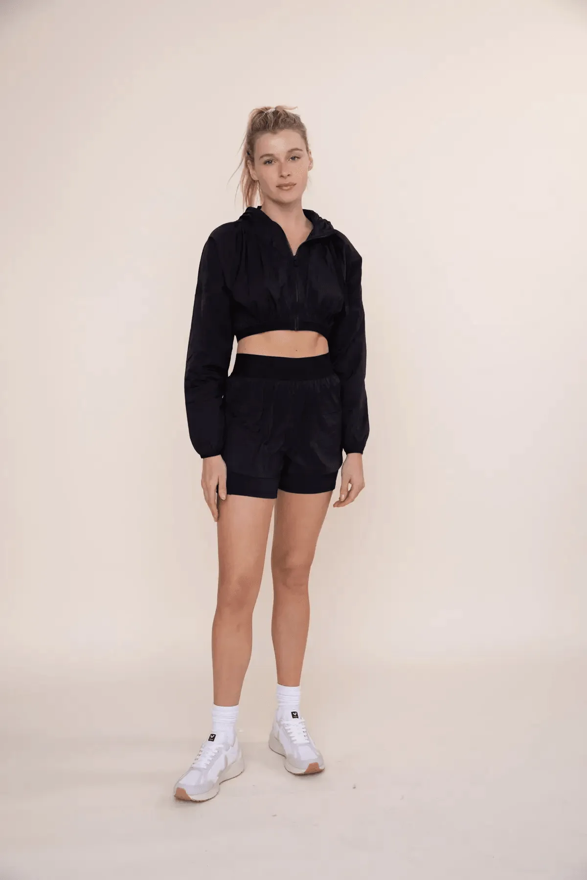 Mono B Crop Windbreaker Zip-Up Hoodie - Black
