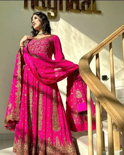 Pink Georgette Zari Sequence Work Designer Suit Set